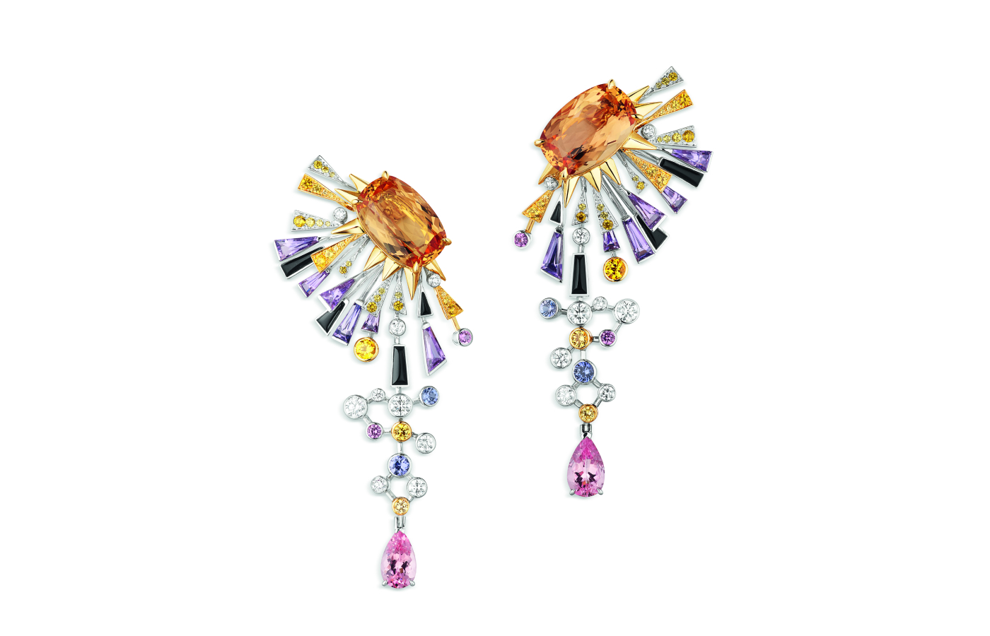  Chaumet Lueurs d’Orage high jewellery earrings featuring two Imperial topazes weighing  6.33-cts and 5.83-cts , multicoloured sapphires and diamonds from the Les Ciels de Chaumet collection