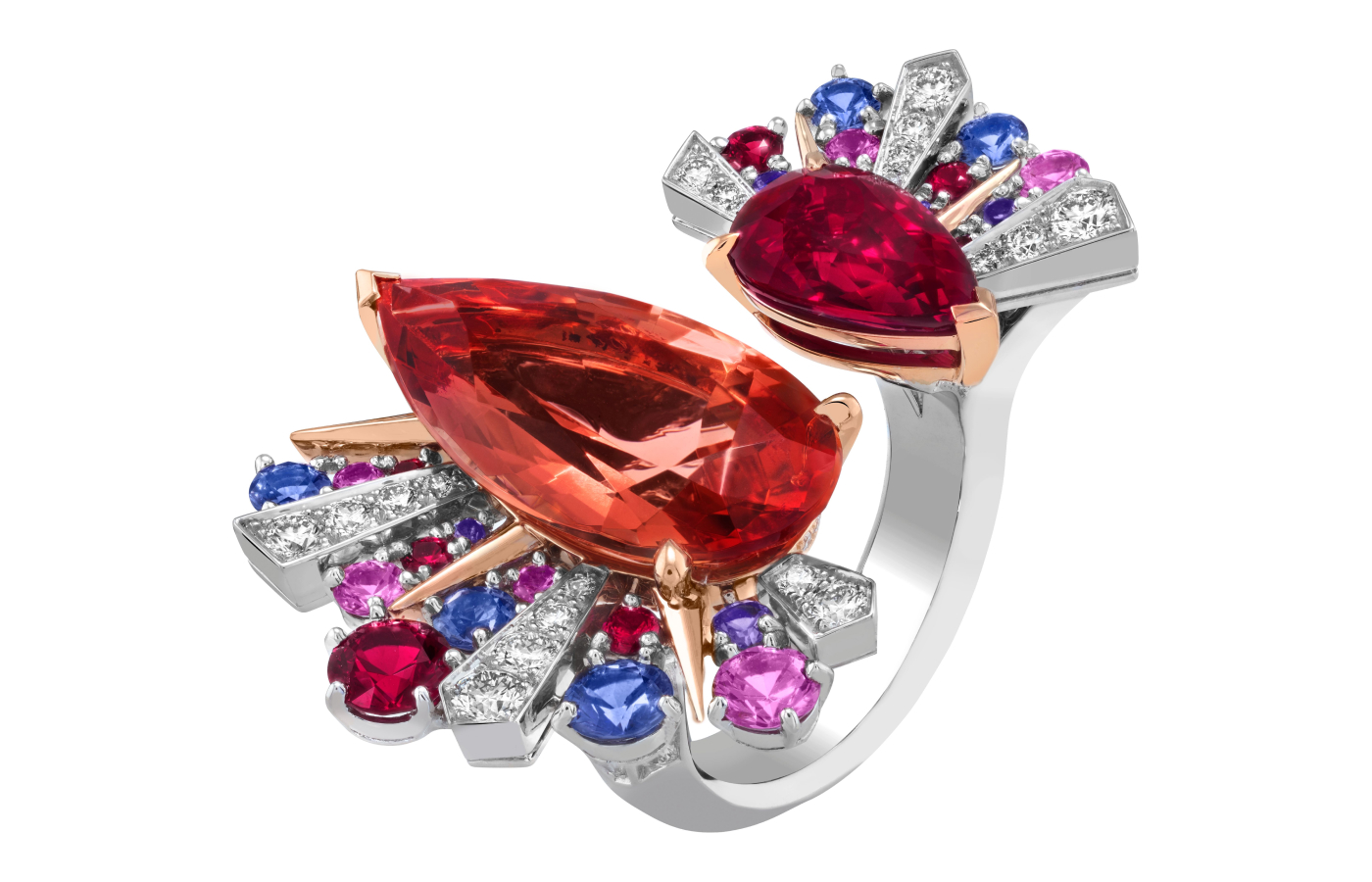  Van Cleef & Arpels Sous Les Etoiles Lever du jour Between the Finger ring in white gold, rose gold, one pear-shaped ruby of 3.02-cts, one pear-shaped imperial topaz of 10.43-cts, rubies, mauve and pink sapphires, and diamonds