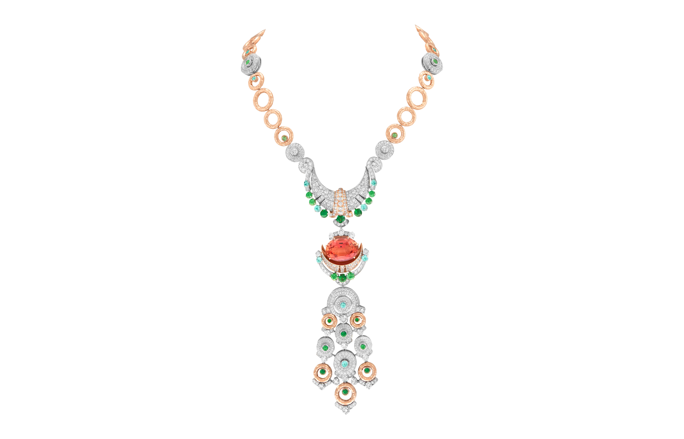  Van Cleef & Arpels Sous Les Etoiles Lune topaze transformable long necklace in white gold, rose gold, one oval-cut imperial topaz of 18.99-cts, green tourmalines, tsavorite garnets, chrysoprase, onyx and diamonds