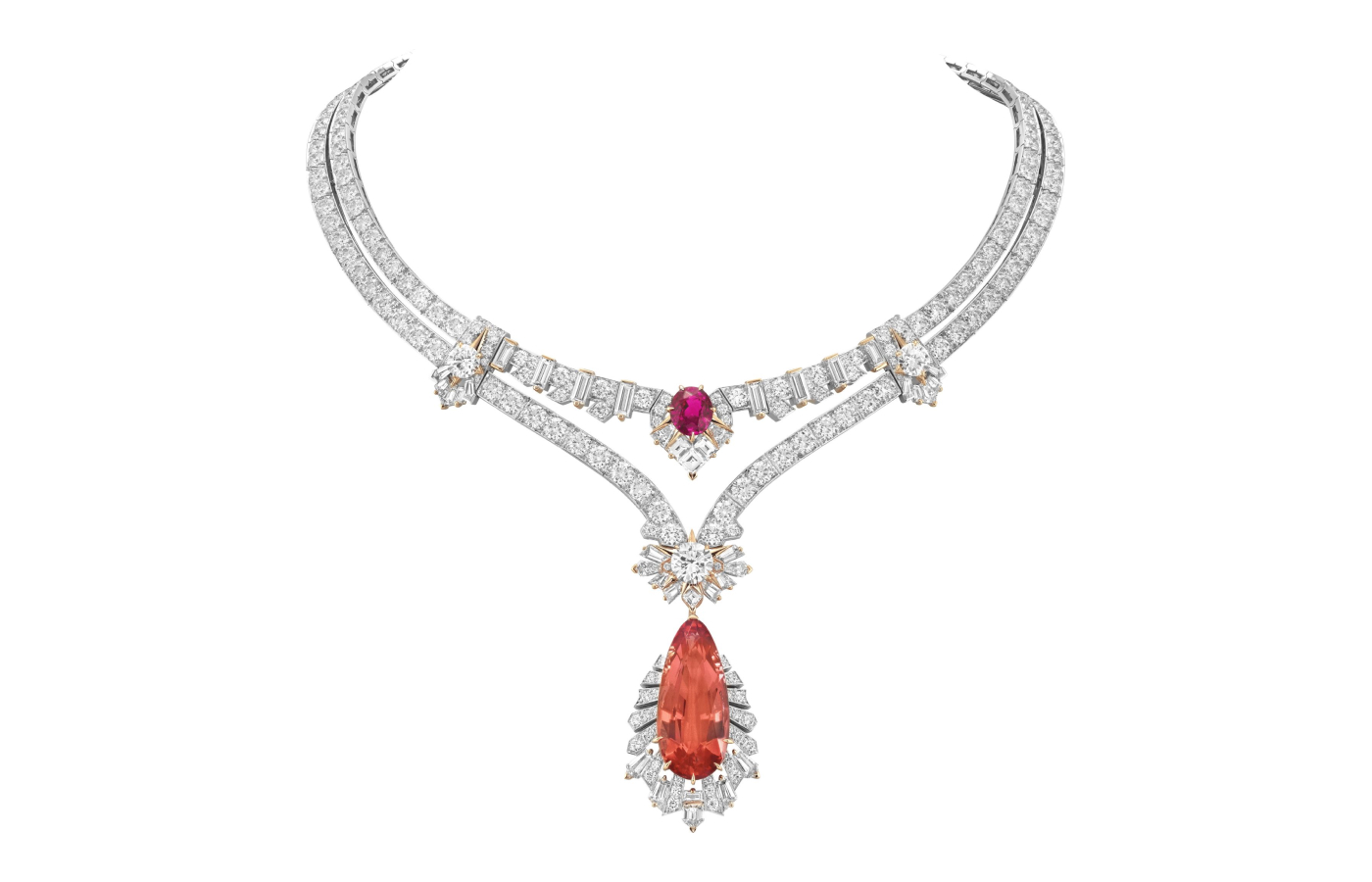 Van Cleef & Arpels Sous Les Etoiles Centura necklace with detachable pendants in white gold, rose gold, one pear-shaped imperial topaz of 24.38-cts, one oval-cut pink sapphire of 3.03-cts, pink sapphires and diamonds
