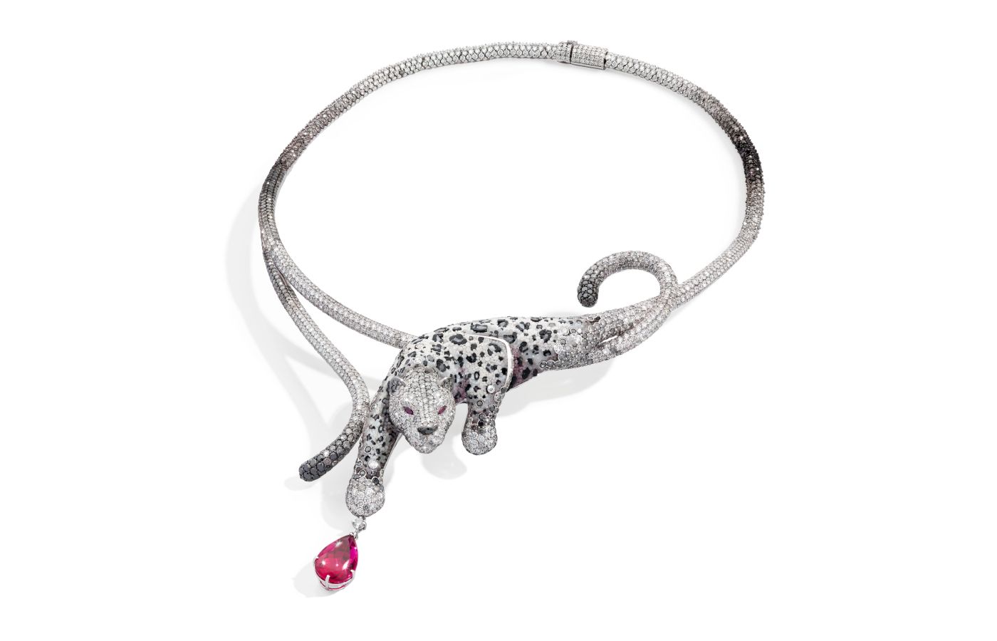 Sicis Damisa Ice necklace with white and black diamonds, leopard spot-inspired micromosaics and a pear-shaped rubellite drop