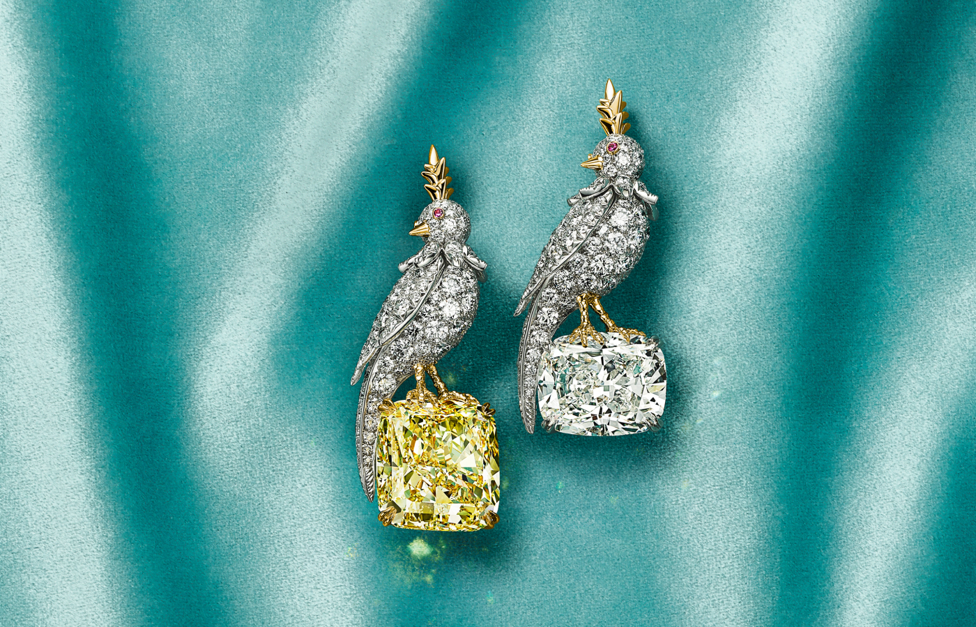  Tiffany & Co. Bird on a Rock brooches in gold, white gold, ruby, featuring yellow and white diamonds