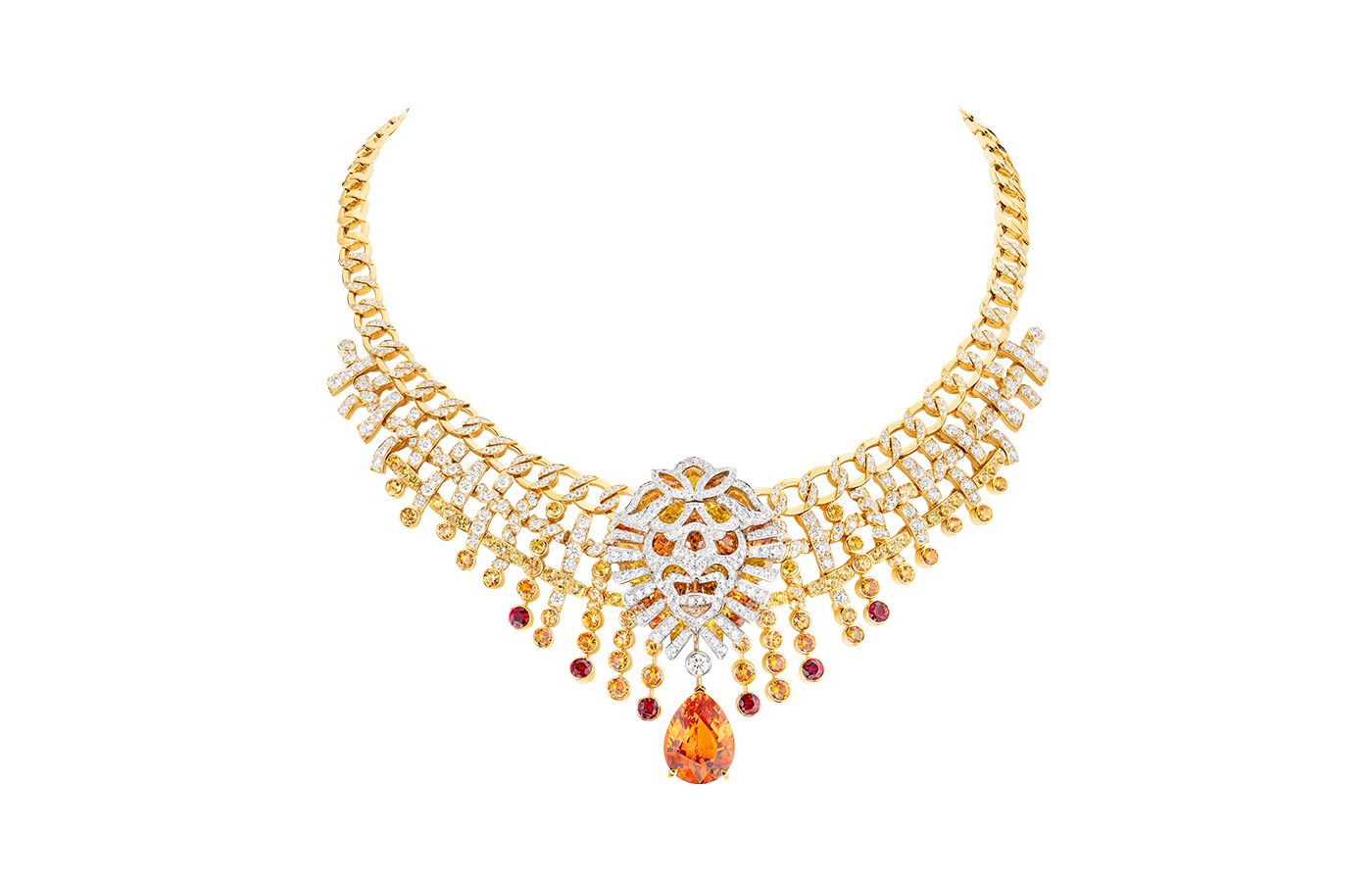  Chanel Tweed Gabrielle necklace with a 12.64-carat pear-shaped spessartite garnet, plus diamonds, yellow sapphires and further spessartite garnets in yellow gold and platinum, from the Tweed Lion set of the Tweed de Chanel High Jewellery Collection