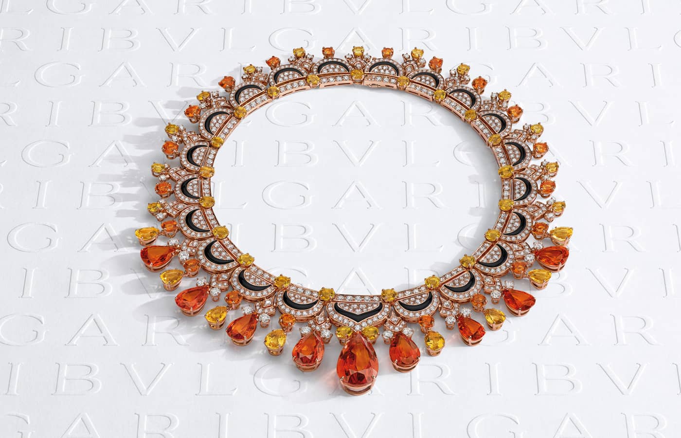The Oriental Fantasy necklace with nine Mandarin garnets of more than 90 carats, paired with citrines, mother of pearl and black onyx from the East Meets West chapter of the Bulgari Mediterranea High Jewellery Collection
