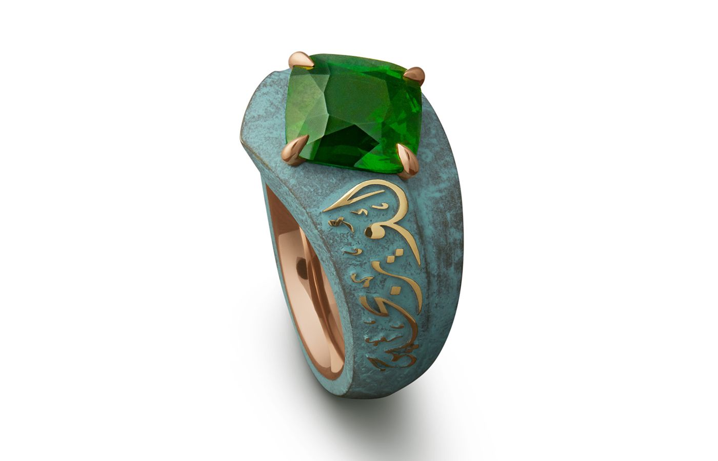  Philippe Guilhem Vya ring with an 8.35 carat tsavorite and Arabic script from the Mashandy Origyne collection