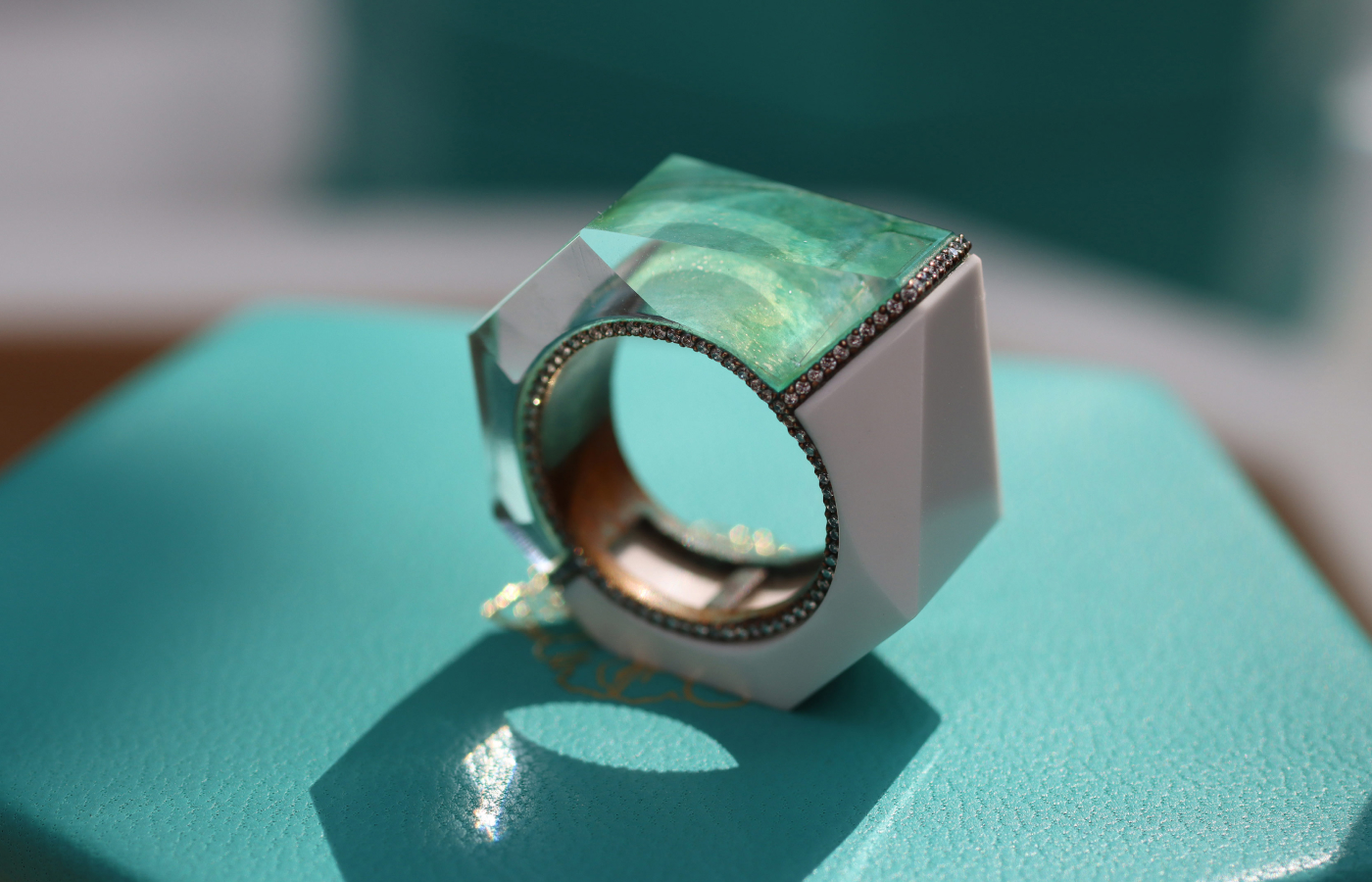  Inés Nieto Heptagon ring carved in white cacholong, rock crystal and oxidised copper with diamond micro-pavé details