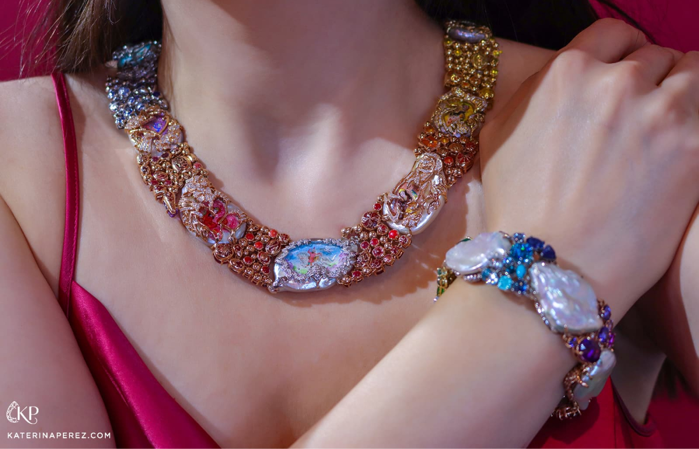 Katerina Perez wears the Harem's Garden necklace and matching bracelet by Alessio Boschi