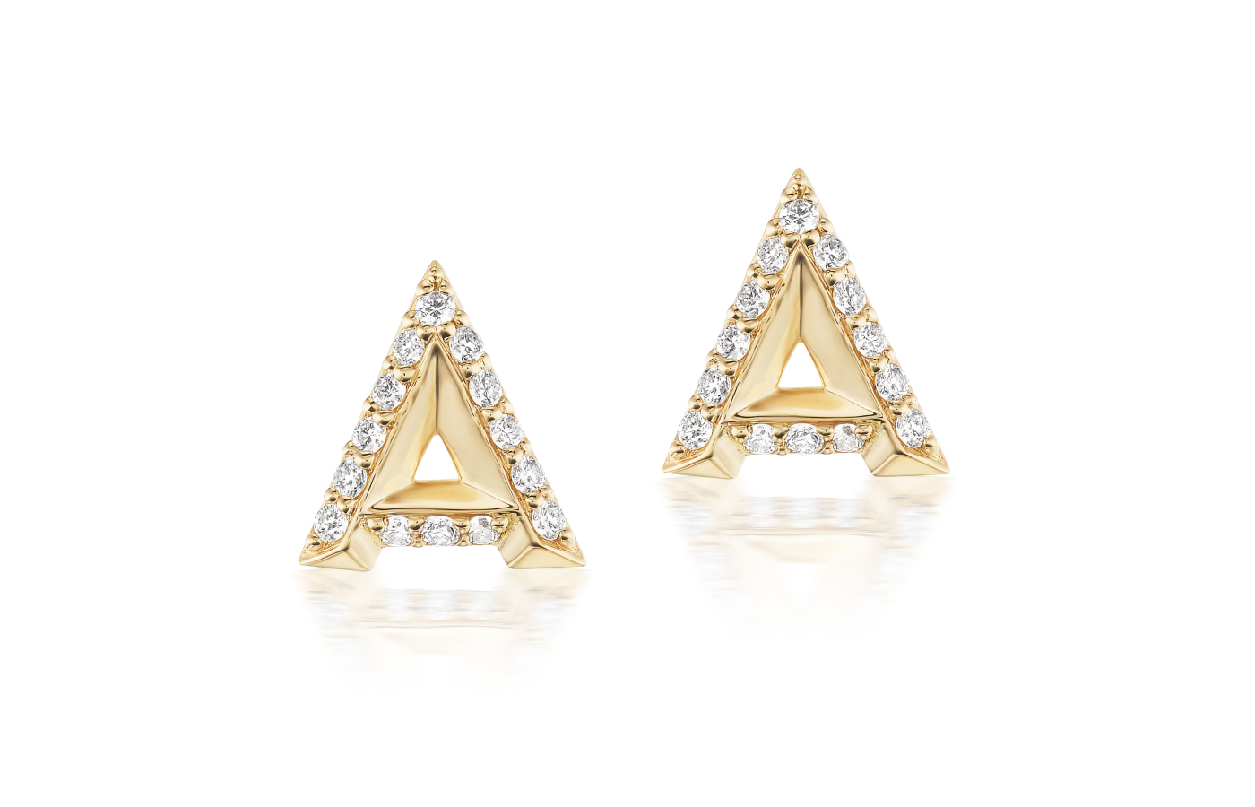  Letter 'A' stud earrings with diamonds in yellow gold by Harwell Godfrey