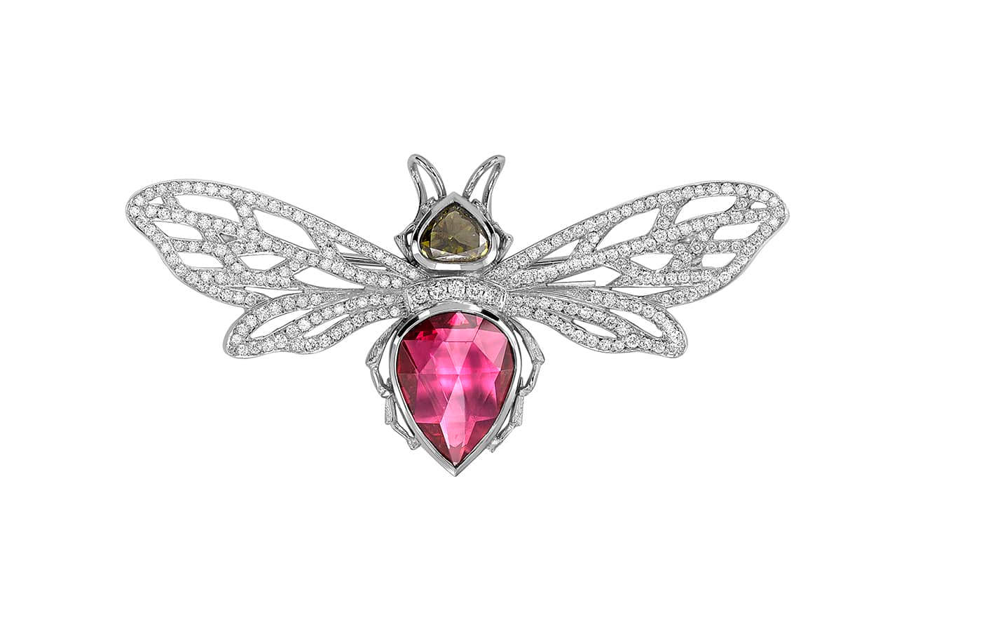  Theo Fennell 18k white gold Bee brooch with a 0.69 carat olive diamond, 4.29 carat pink spinel and 1.13 carats of diamonds