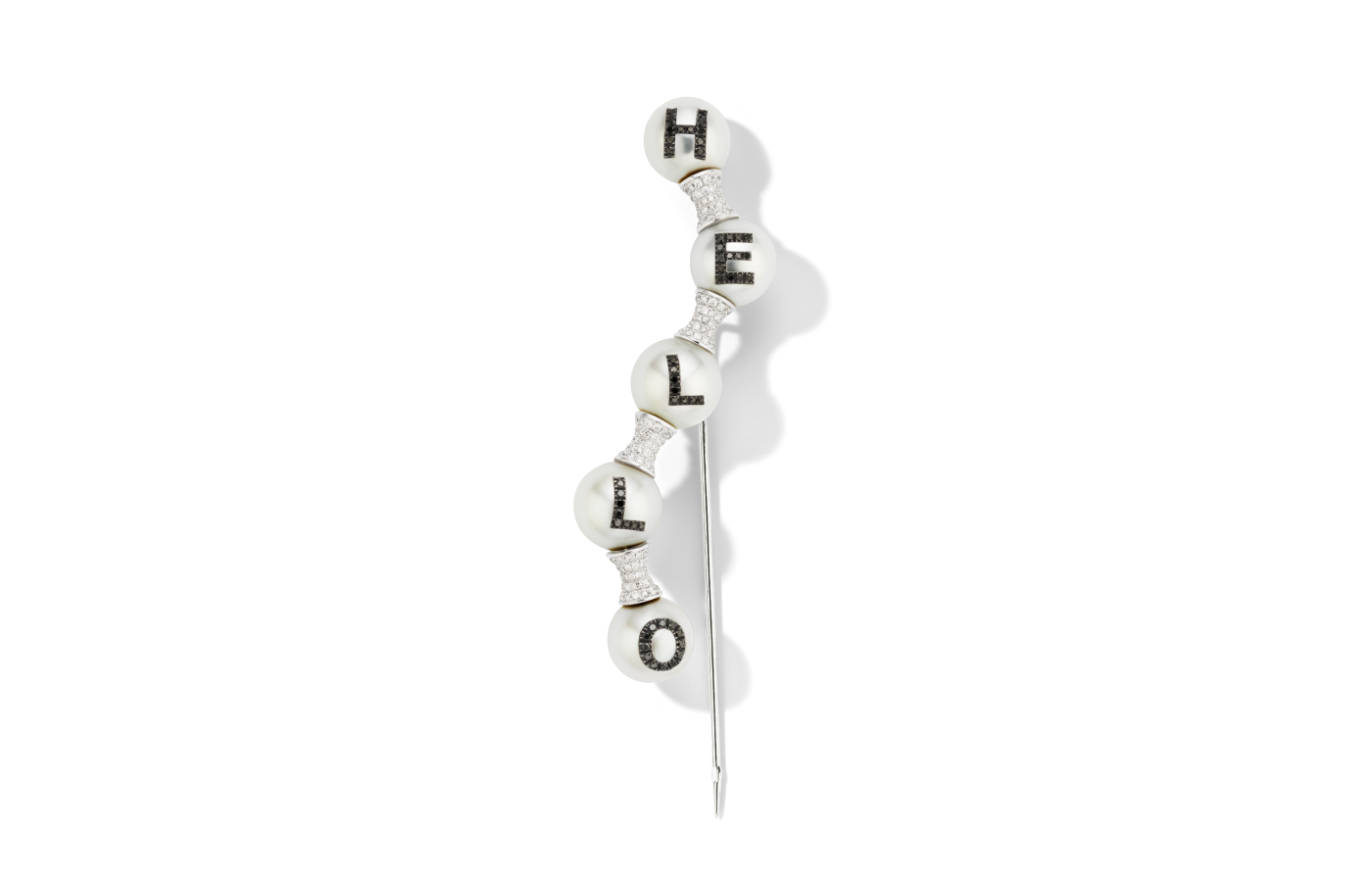  Wilfredo Rosado Pearl ID 'Hello' brooch with black and white diamonds and Australian South Sea pearls in 18k gold