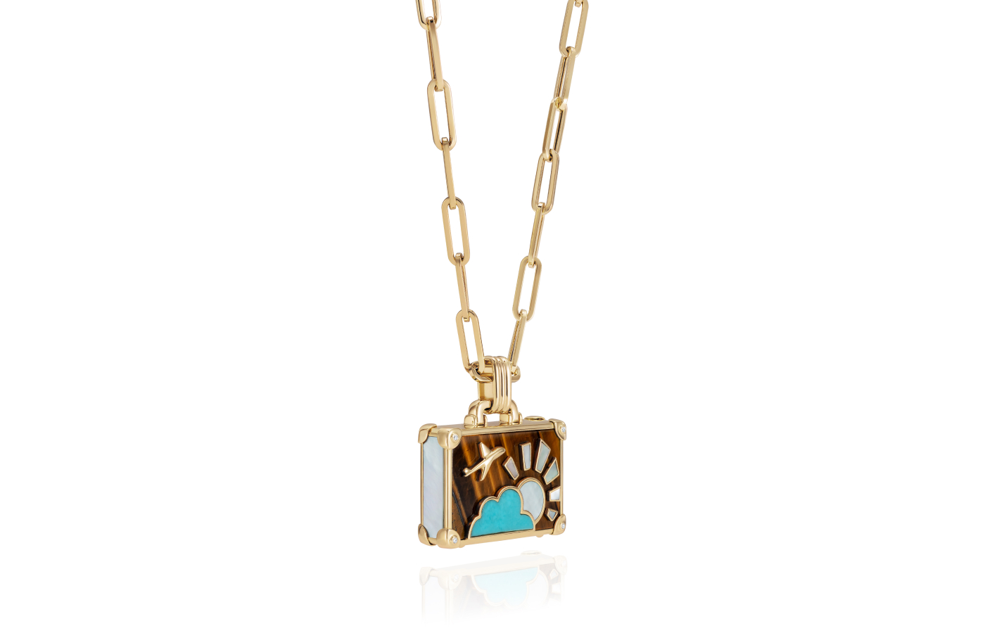  NeverNoT Safari Heat pendant necklace with tigers eye, diamonds, turquoise and mother of pearl in 14k yellow gold