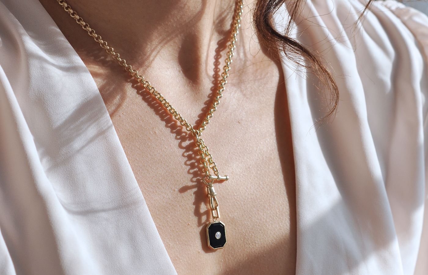 Albert chain necklace with an onyx pendant drop by Ashley Zhang