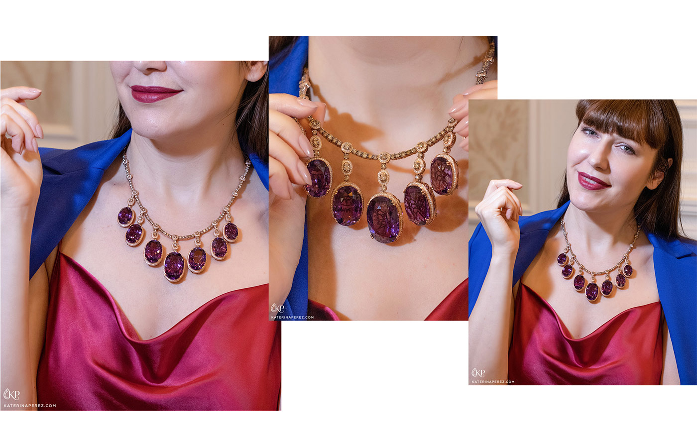  Katerina Perez wearing the Le Vian Chocolatier necklace in Strawberry Gold, features 192 carats of grape amethysts, 30 carats of chocolate diamonds and three carats of 'vanilla diamonds'