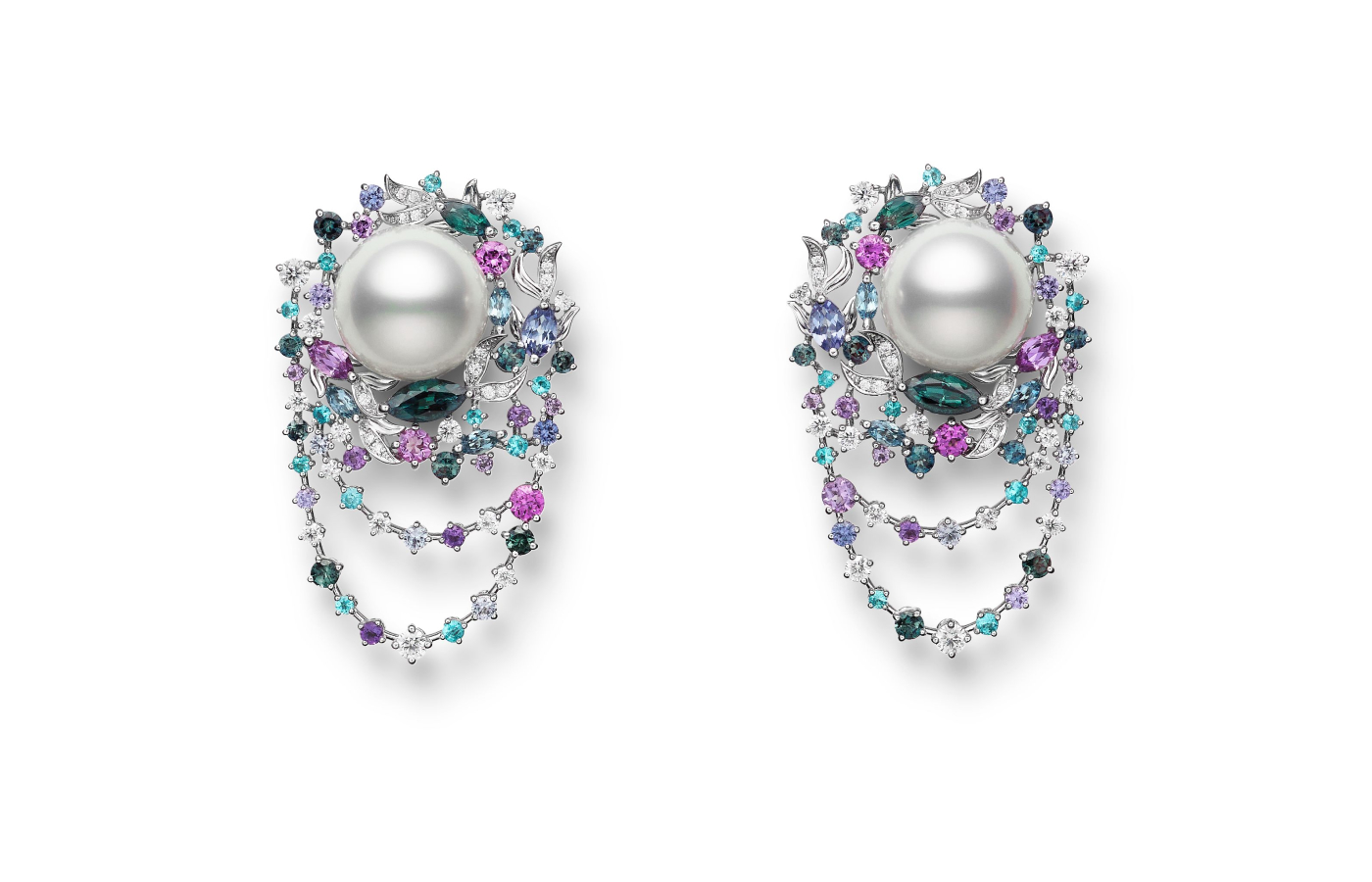  Mikimoto School of Fish Swimming Elegantly in the Sea earrings in gold, Akoya pearl, beryl, tanzanite, tourmaline, amethyst, garnet, sapphire, spinel, alexandrite, aquamarine and diamond from the Praise to the Sea high jewellery collection 