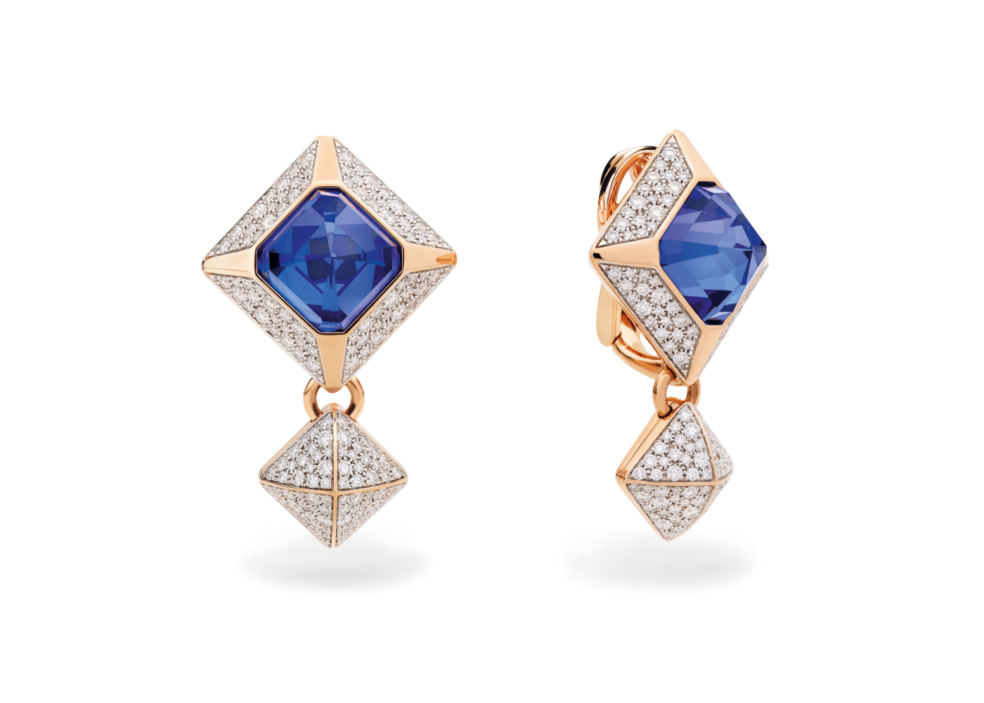  Pomellato Castello earrings in rose gold, tanzanites and diamonds from the Ode to Milan high jewellery collection