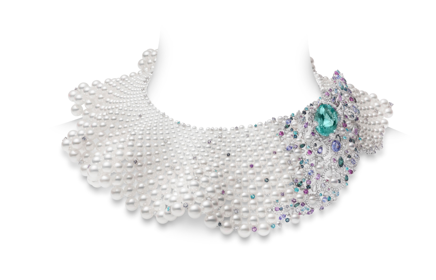 Mikimoto School of Fish Swimming Elegantly in the Sea necklace in gold, Akoya pearl, beryl, tanzanite, tourmaline, amethyst, garnet, sapphire, spinel, alexandrite, aquamarine and diamond from the Praise to the Sea high jewellery collection 