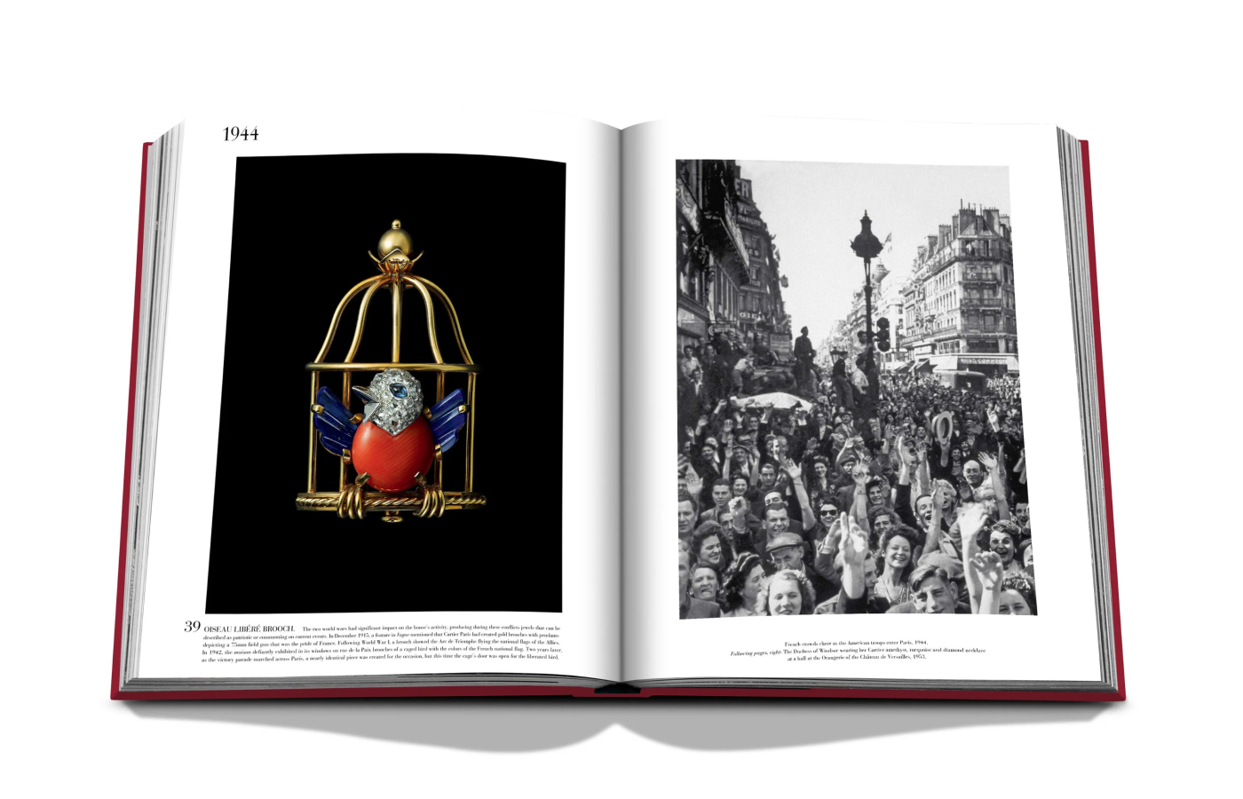  Left: Oiseau libérée brooch, Right: images of crowds cheering as American troops enter Paris in 1944