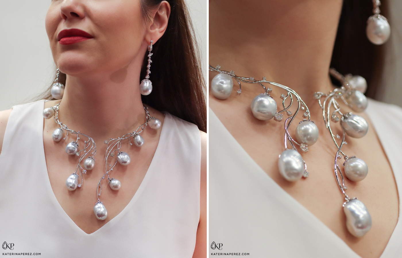  Katerina Perez wears a seaweed-inspired necklace by Alexander Laut with South Sea pearls and diamonds in white gold
