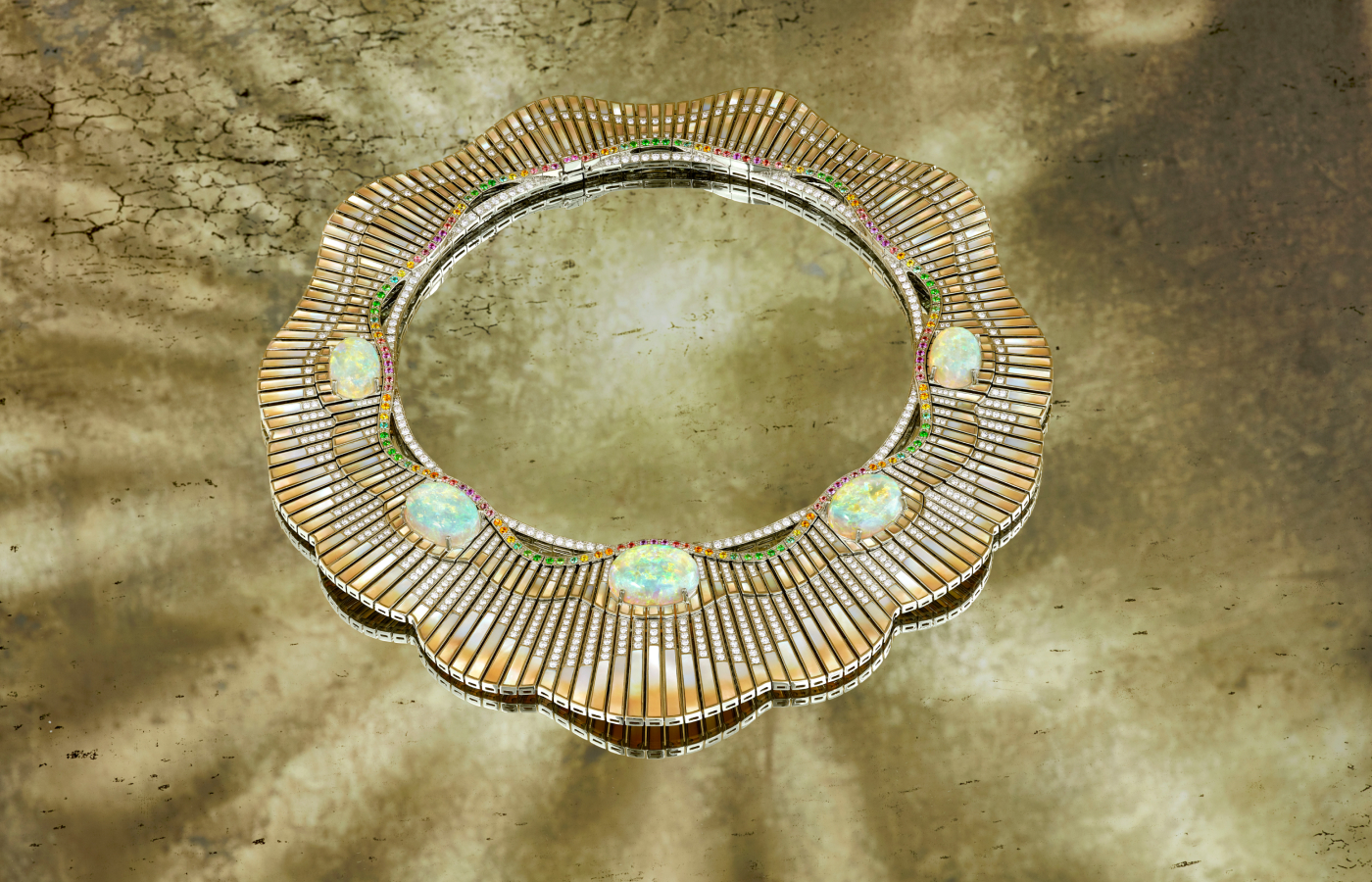 Garrard Northern Lights necklace in white gold, opal, diamond, multi-coloured sapphire, green tourmaline, tsavorite and mother-of-pearl from the Couture High Jewellery collection