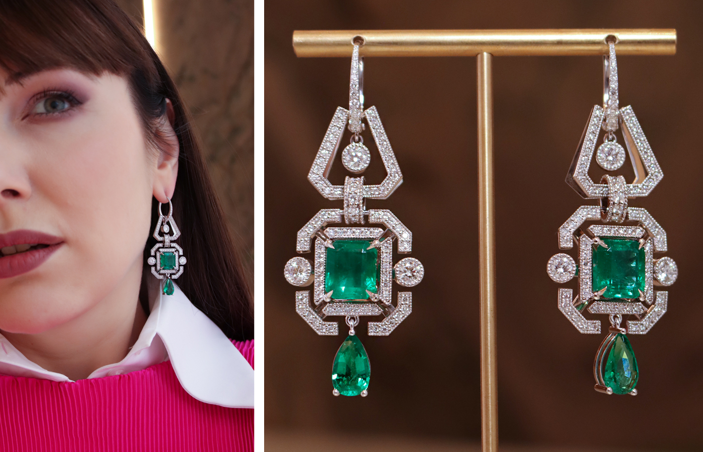  Katerina wears a pair of diamond and emerald Art Deco-inspired earrings by Korbička Šperk
