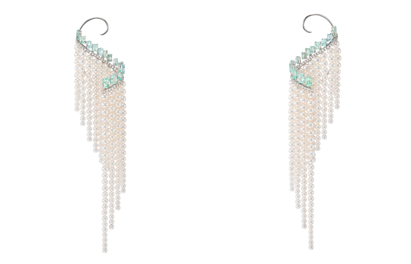  Tasaki Cascade earrings with Paraiba tourmalines, round brilliant-cut diamonds, and graduating lines of Akoya pearls, from the Atelier 6 Nature Spectacle High Jewellery collection