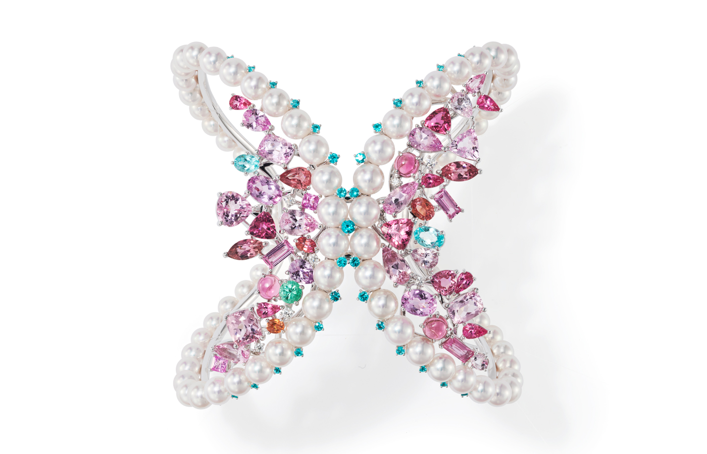 Tasaki Flourish High Jewellery bracelet with diamonds, morganites, fancy colour sapphires, pink tourmalines, Paraiba tourmalines, topazes and spinels, bordered by graduated Akoya pearls, from the Atelier 6: Nature's Spectacle collection