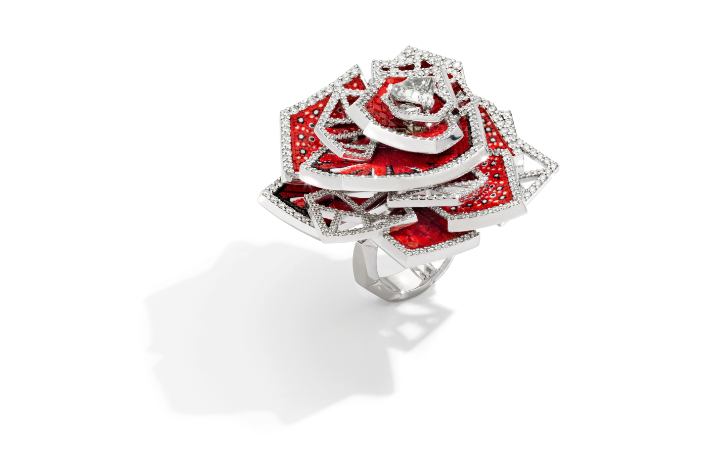 Sicis La Vie En Rose ring with articulated micromosaic petals surrounding a 1.43-carat trilliant-cut diamond
