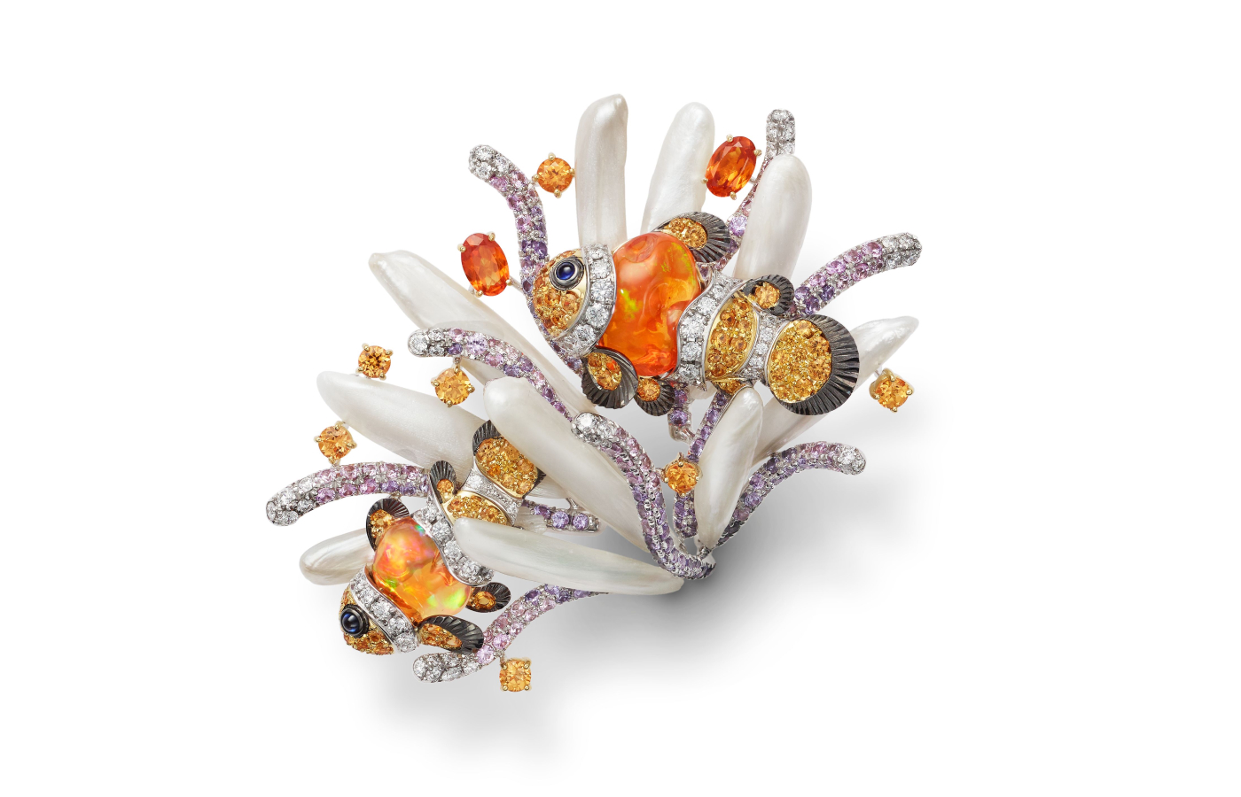  Mikimoto high jewellery brooch in gold, sapphire, mother of pearl, opal, onyx and diamond from the Praise to the Sea collection