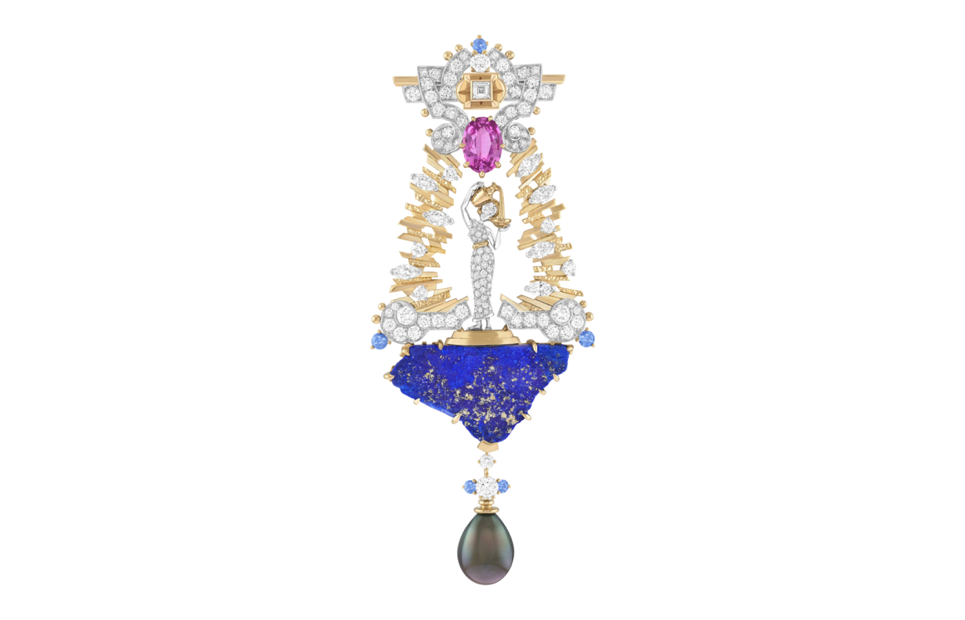  Van Cleef & Arpels Dea Eterna clip in gold, white gold, rose gold, featuring a 3.47-ct oval-cut pink sapphire, blue sapphires, lapis lazuli, gray cultured pearl and diamonds from Le Grand Tour High Jewellery Collection