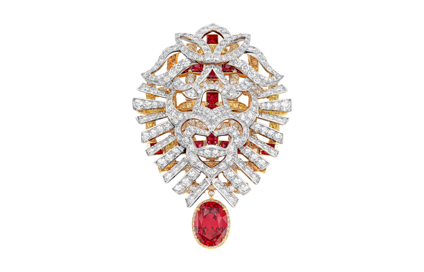  Chanel Tweed Lion brooch with an oval-cut red spinel of 9.13-carats, diamonds, rubies, spinels and spessartite garnets in white and yellow gold, from the Tweed Lion set of the Tweed de Chanel High Jewellery Collection
