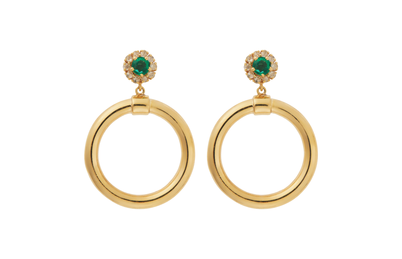  Ileana Makri Endless Hoop earrings with champagne diamonds and emeralds in 14k yellow gold
