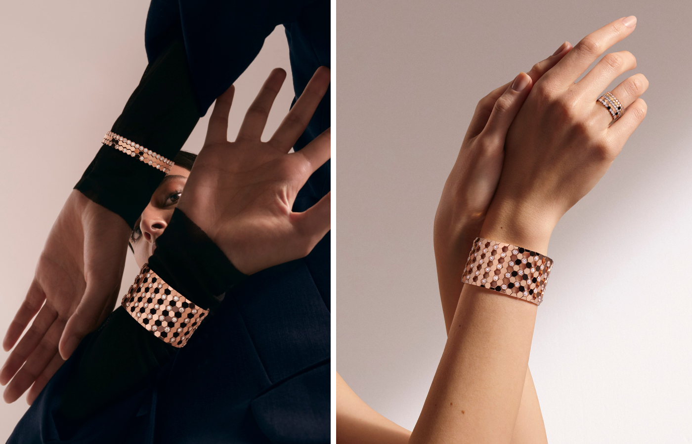 Model wearing Chaumet Bee My Love cuff and bracelet in rose gold and diamond
