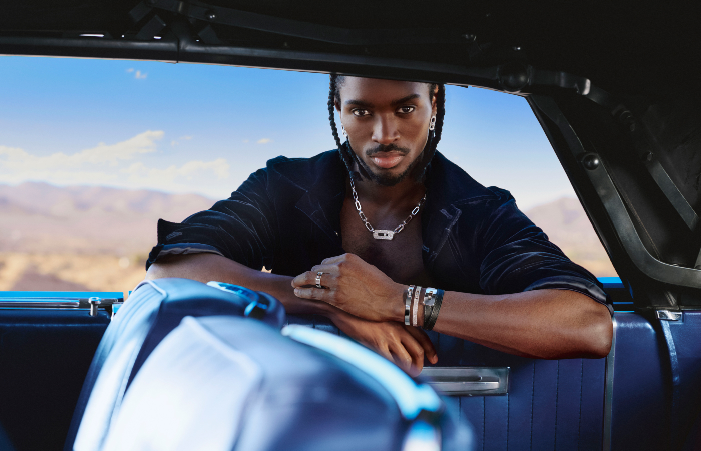 Alton Mason wearing Messika Move collection pieces in gold, leather and diamond