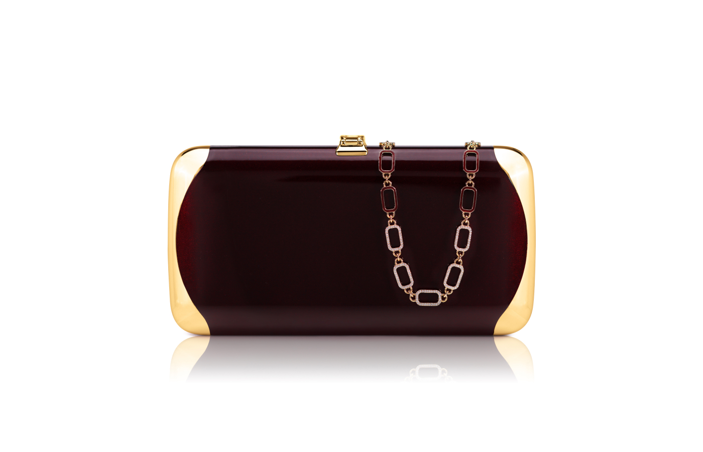  Misahara x Jeffrey Levinson Clutch bag in black and gold with a Misahara signature Chain City necklace in gold, enamel and diamond