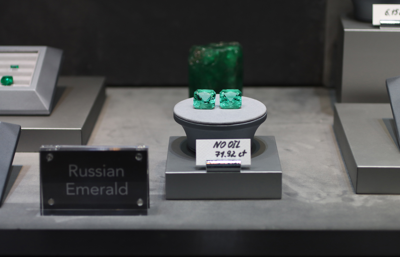  A pair of no-oil Russian emeralds in the Tsarina Jewels collection weighing 71.92 carats