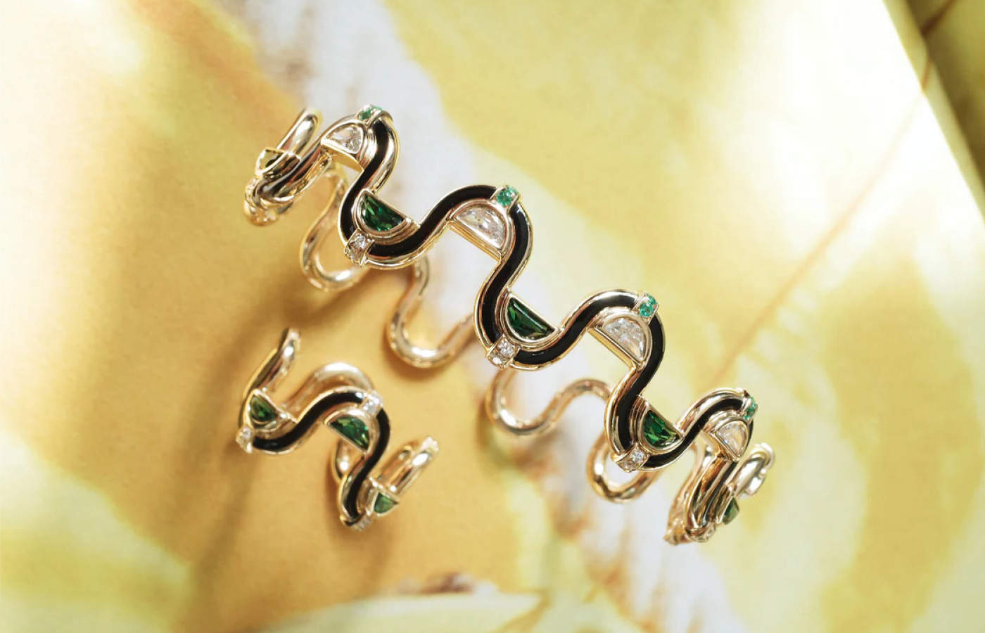 State Property Arcane Edessa Epaulette bangle in gold, enamel, green gemstones and diamond