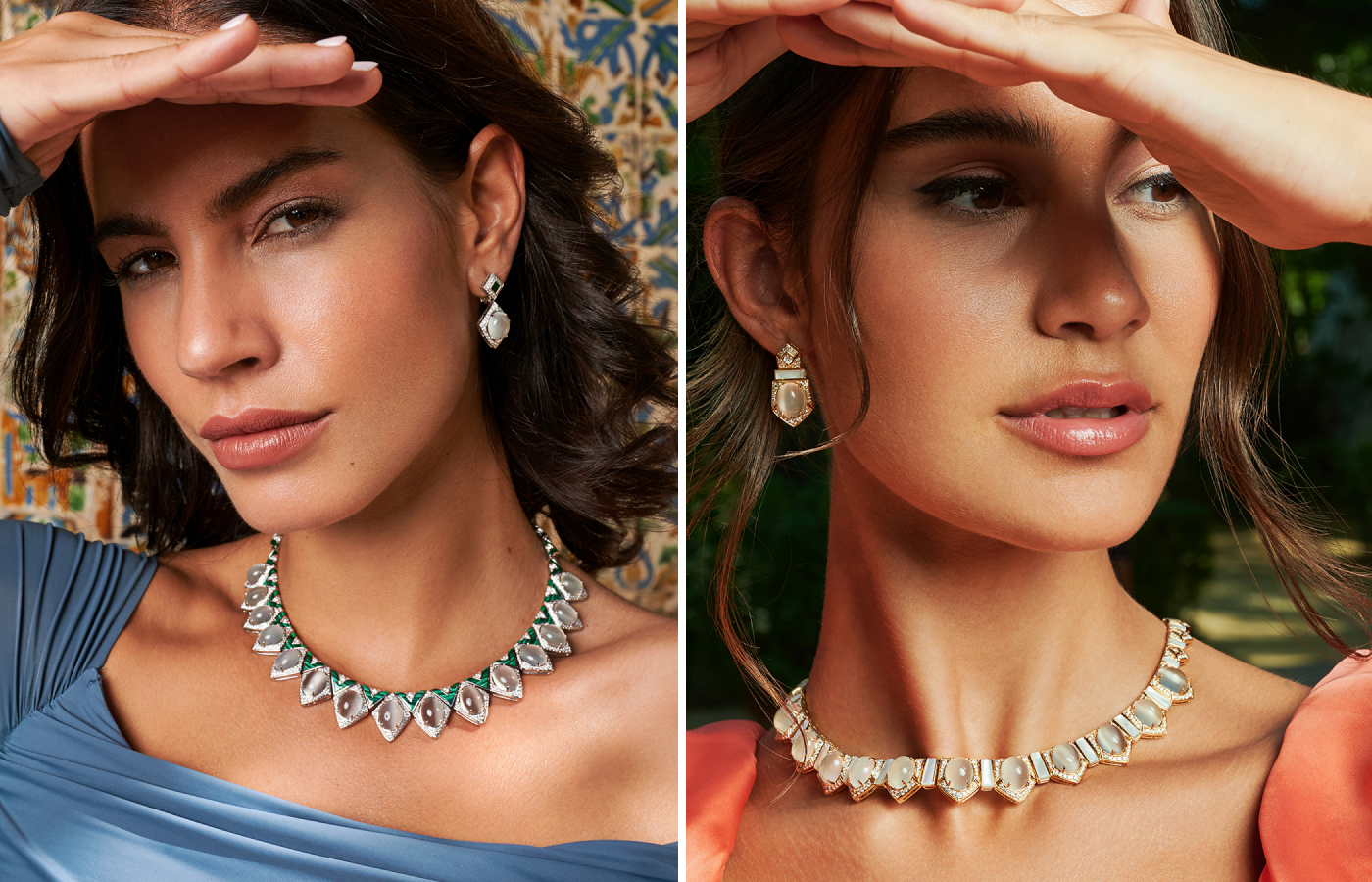  Al Zain matching sets from the Jena High Jewellery collection, including the Zara necklace and earrings (left) and the Ni’Mah earrings and necklace, both in 18k yellow gold