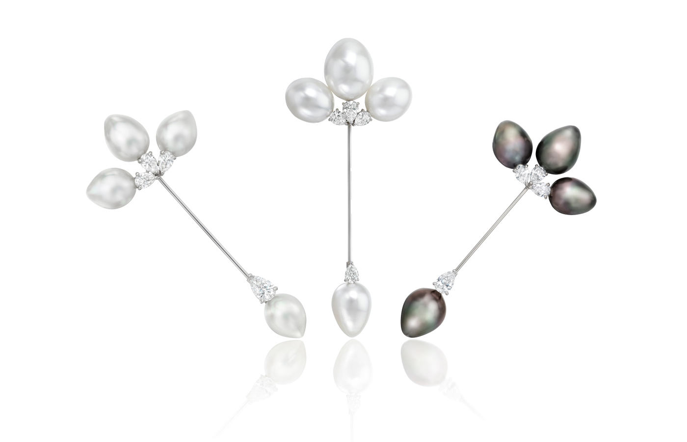  A trio of Assael jabot pins with South Sea cultured pearls and diamonds, set in platinum 