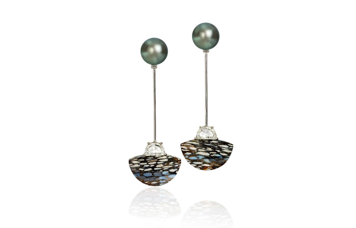  Assael Tahitian natural coloured cultured pearl earrings with half-moon-shaped diamonds, spotted petrified wood, and rose-cut diamonds in platinum 