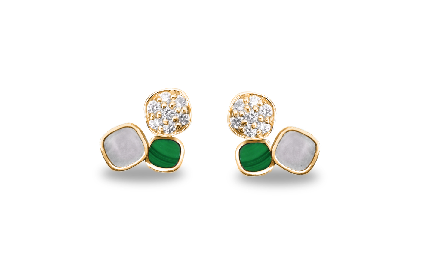  MATHON Paris Florin earrings with malachite, mother of pearl and diamonds in 18k yellow gold