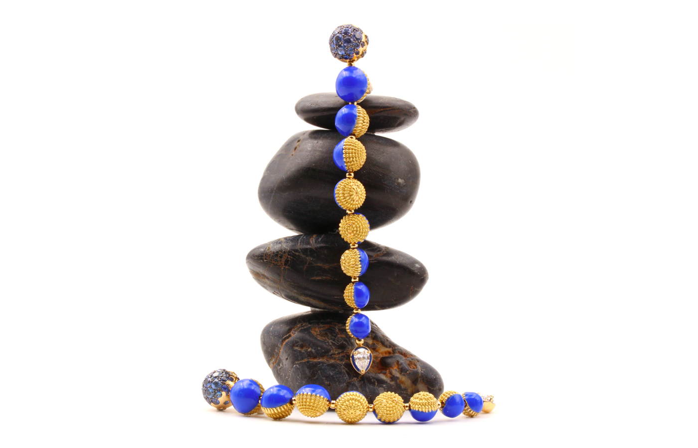  MATHON Paris Cycle de la Lune earrings with blue sapphires, diamonds and blue lacquer in yellow gold