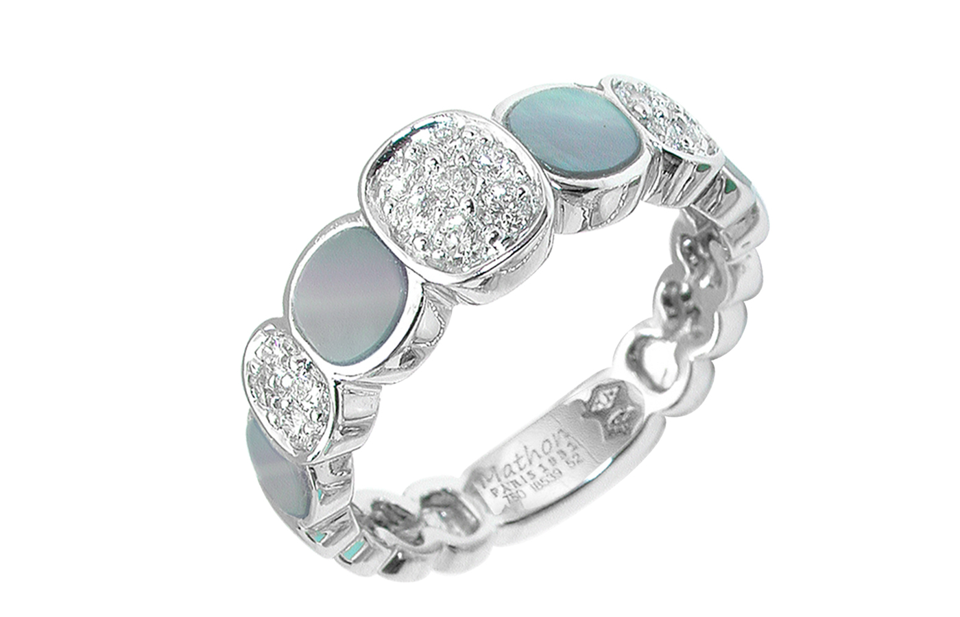  MATHON Paris Sequin ring with diamonds and mother of pearl in 18k white gold
