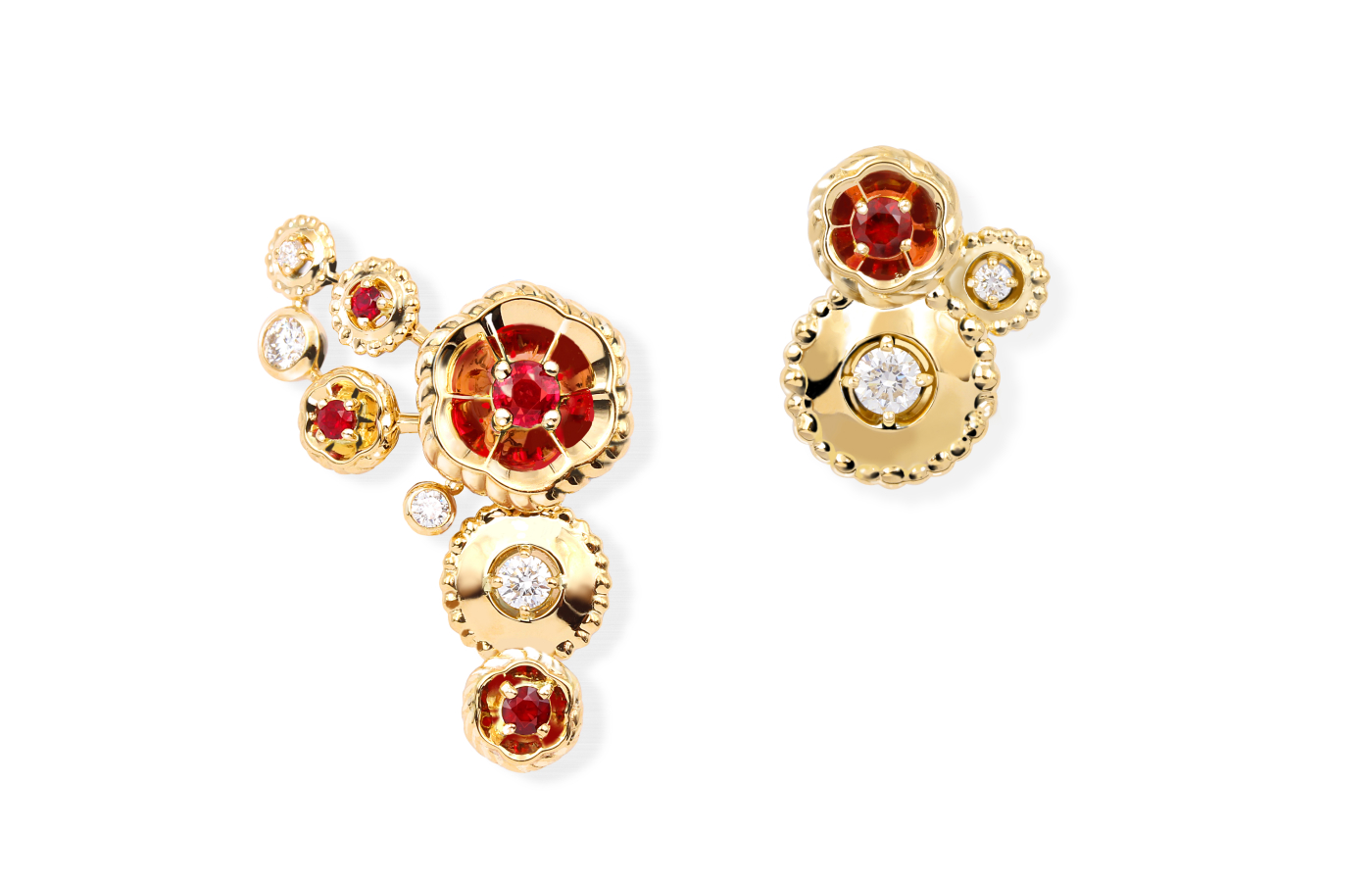  MATHON Paris Coquelicot earrings with diamonds and rubies in 18k yellow gold 