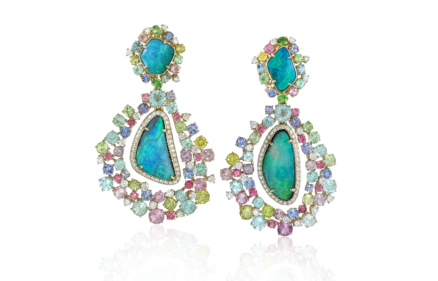  Margot McKinney Chandelier earrings with Australian boulder opal drops totalling 21.28-carats, Paraiba tourmalines and diamonds 