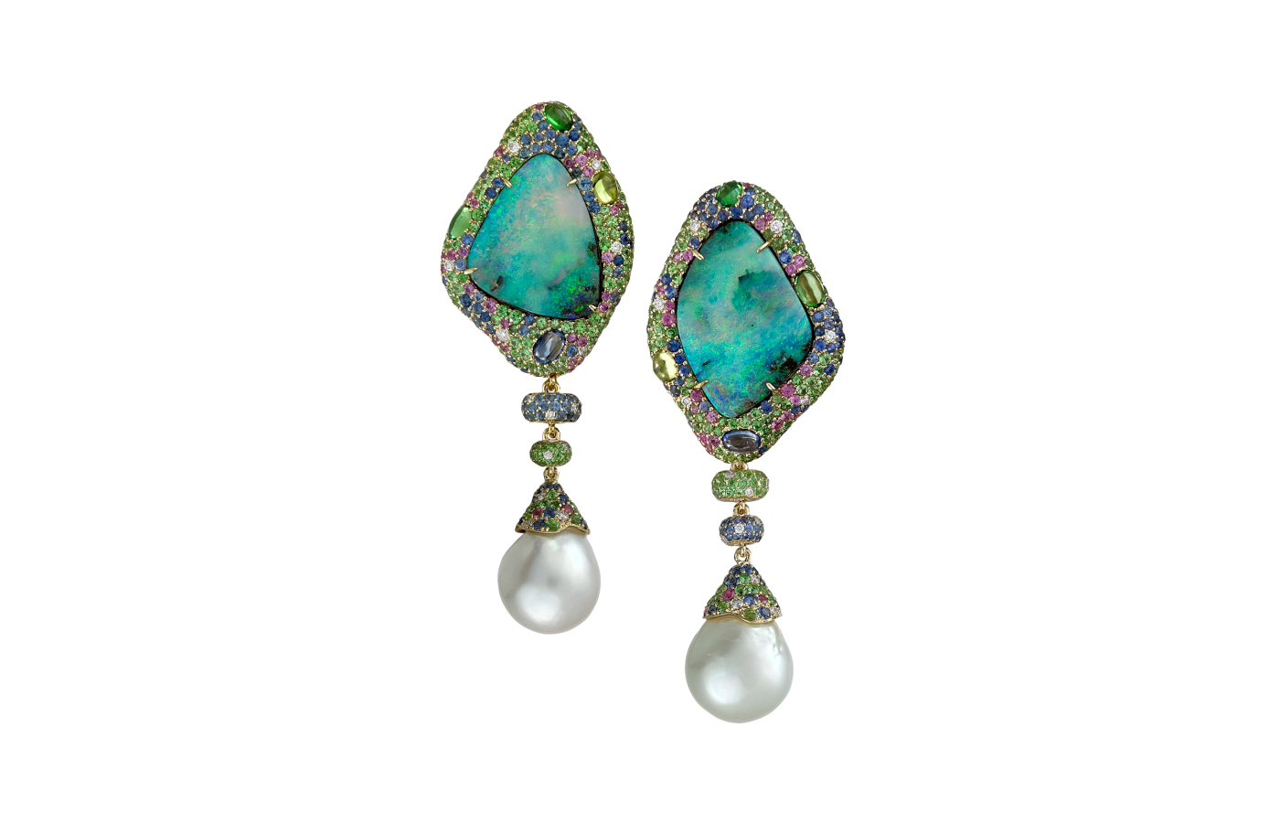  Margot McKinney Isle earrings with 32.20-carats of Australian boulder opal, multi-coloured gemstones and a pair of Australian South Sea pearl drops 