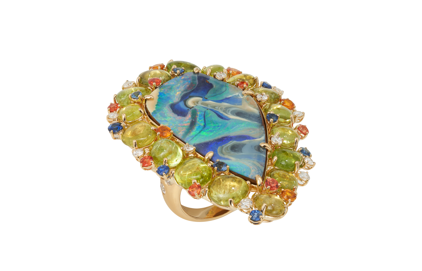  Margot McKinney Ripple ring with a 34.75-carat Australian boulder opal, surrounded by Paraiba tourmaline, diamonds and blue and orange sapphires, set in gold
