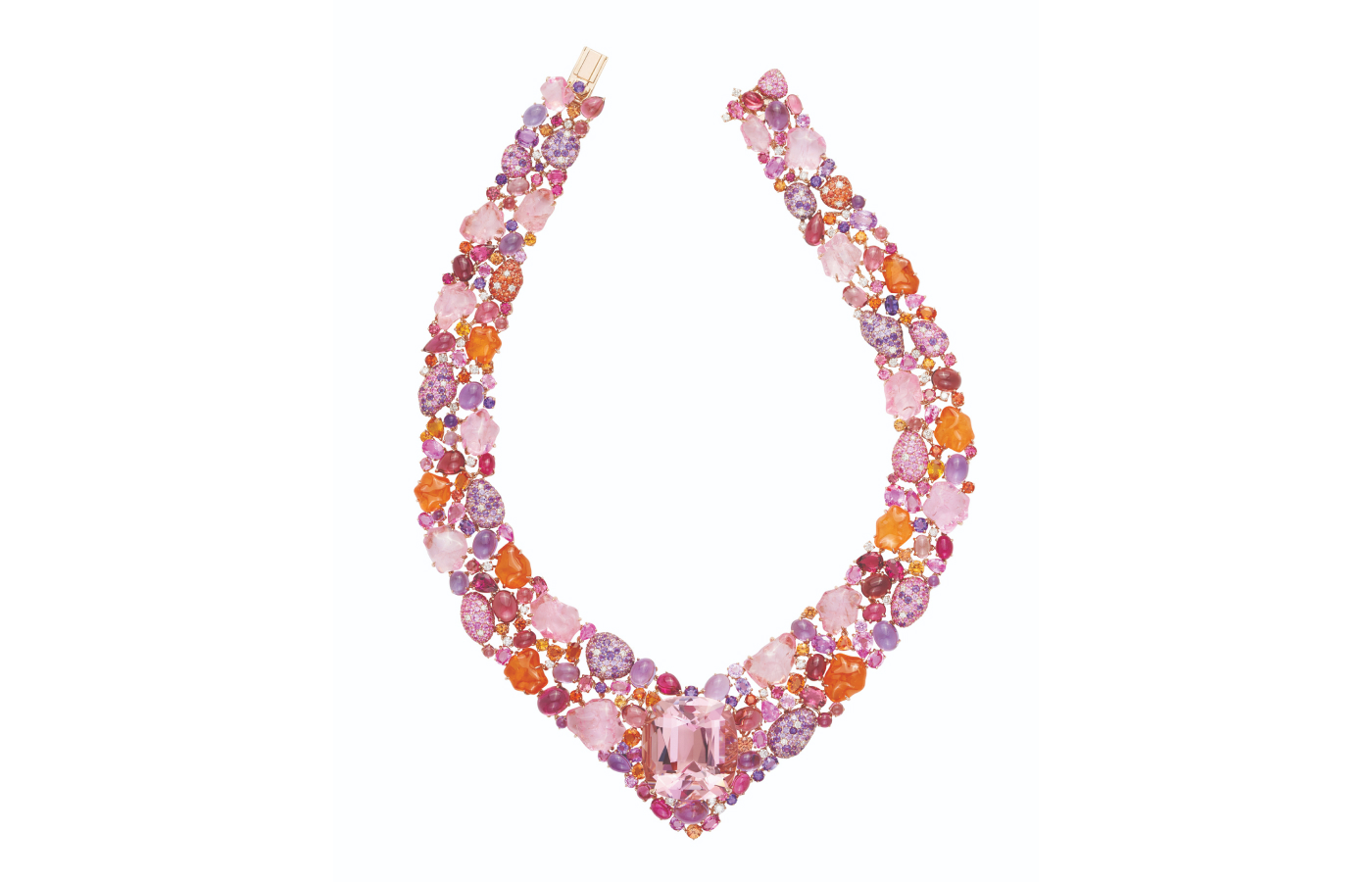 Margot McKinney Cosmic Girl necklace with an 81.27-carat morganite, further morganites, mandarin garnets, diamonds, pink, orange and purple sapphires, amethysts and pink tourmalines, set in 18k rose gold 