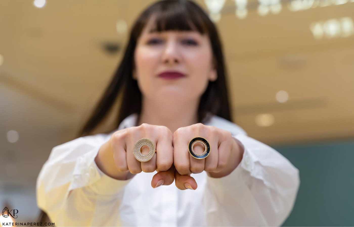  Katerina Perez wears the Drew Pavé Drape ring and the Reis Jet Black ring by State Property 