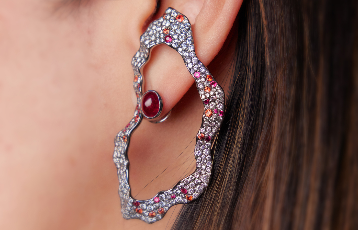  Faith Jewels Fire earrings with cabochon-cut Burmese pigeon's blood red natural rubies, grey diamonds, white diamonds, rubies, and orange sapphires, set in grey titanium