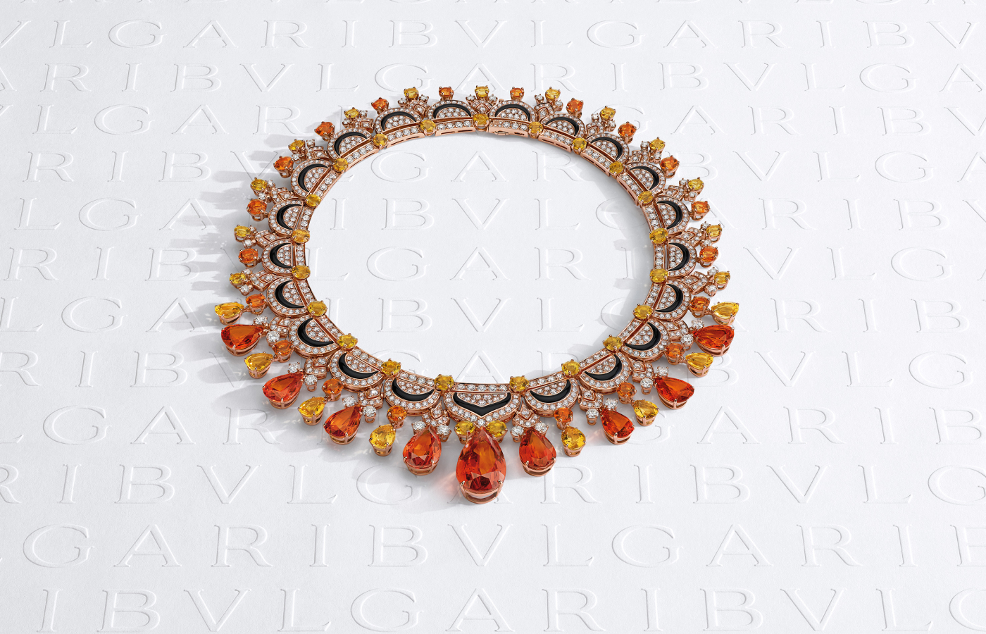 Bulgari Oriental Fantasy necklace in gold, set with nine mandarine garnets weighing over 90-cts, citrine, mother-of-pearl and onyx from the East Meets West chapter of of the Mediterranea high jewellery collection 